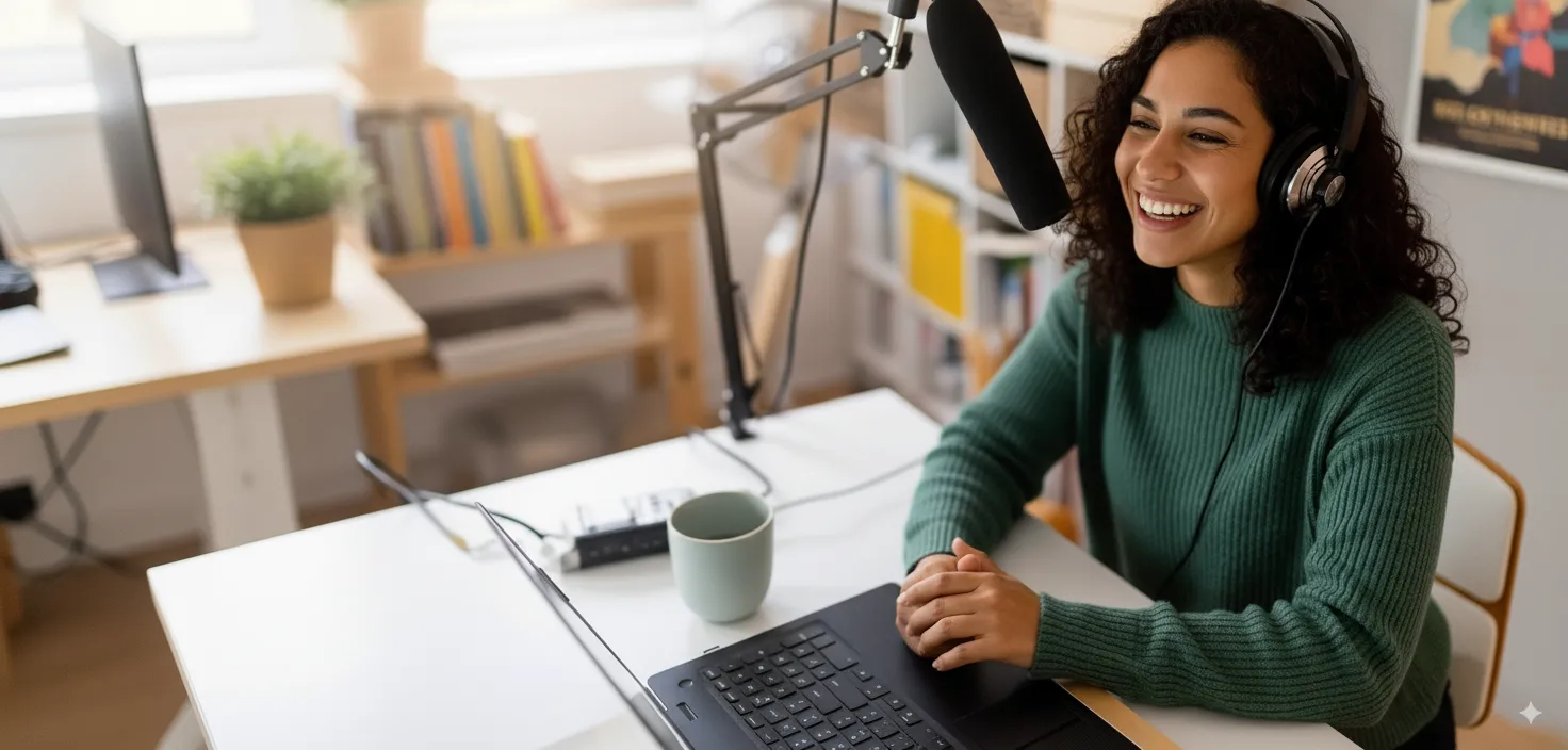 Happy podcaster recording