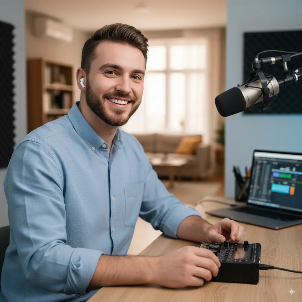 Podcaster editing audio